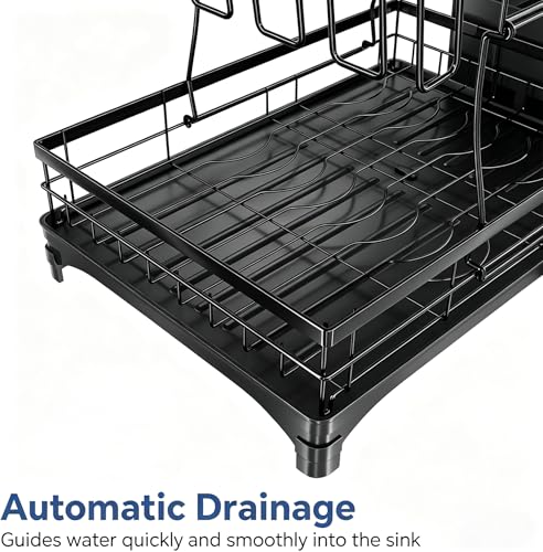Simple Trending Dish Rack, Stainless Steel Dish Drying Rack for Kitchen Counter, Large Capacity 2-Tier Dish Drainer Organizer with Utensil Holder, Black