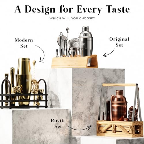 BARE BARREL® Mixology Bartender Kit Bar Set | 16-Piece Cocktail Shaker Set | Martini Barware Mixing Tools for Home Bartending | Incl. 35 Recipe Cards | Gift Set (28oz Boston Shaker, Jet Black/Black)