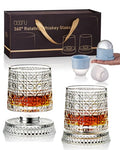 CEEFU Old Fashioned Whiskey Glasses with 360° Rotating Base, Set of 2 (2 Crystal Glasses Set, 2 Big Ice Ball Molds) In Gift Box - Bourbon, Cocktail, Rocks, Bday Gifts Ideas for Men, Gem Pattern