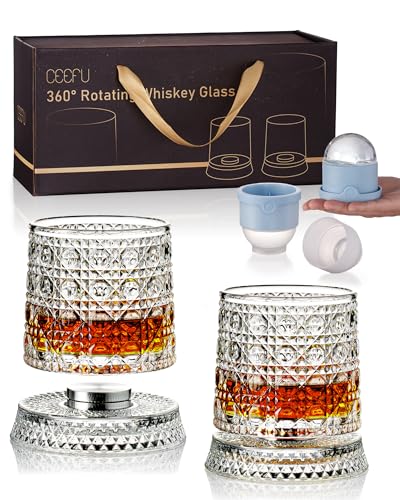 CEEFU Old Fashioned Whiskey Glasses with 360° Rotating Base, Set of 2 (2 Crystal Glasses Set, 2 Big Ice Ball Molds) In Gift Box - Bourbon, Cocktail, Rocks, Bday Gifts Ideas for Men, Gem Pattern