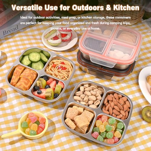 monoan 2 Pack Stainless Steel Snack Containers with Airtight Lids, 4 Compartment Food Storage Containers, Reusable Metal Meal Prep Lunch Boxes, Dishwasher Safe, Divided Plates for Adults (Black)