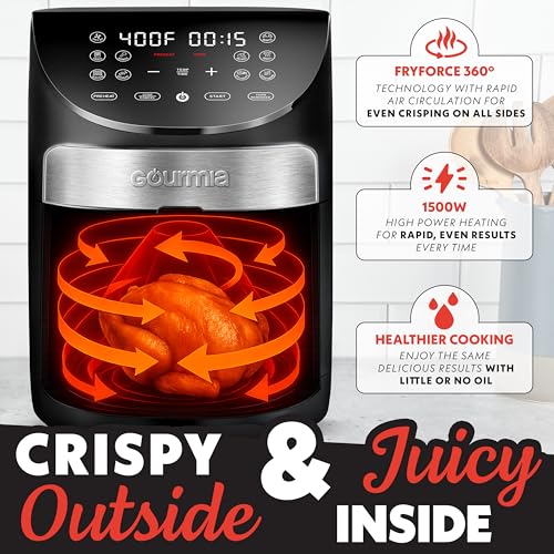 Gourmia Air Fryer - 7 Qt Large Capacity, FryForce360º, Digital Display with 10 Presets, Roast, Bake, Broil, Dehydrate, Dishwasher Safe Accessories, Black