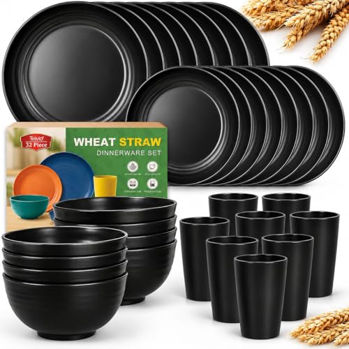 Teivio 32-Piece Kitchen Plastic Wheat Straw Dinnerware Set, Service for 8, Unbreakable Modern Dish Set - Dinner Plate/Dessert Plate/Cereal Bowl/Cup, for Apartment Essentials, Outdoor Camping, Black