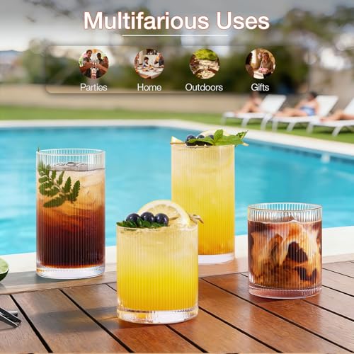LUNA & MANTHA Drinking Water Glasses Set, Lead-Free Crystal Highball Glass, Tall Glass Cups for Cocktail Parties,ribbed set of 8,17oz&12oz