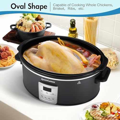 SpoonLemon 7QT Slow Cooker, Electric Programmable Cooker with 20H Timer & 3 Heat Settings, Oval Ceramic Pot — Ideal for Family Meals & Meal Prep, Compatible with 20 Count 13"x21" Cooking Liners