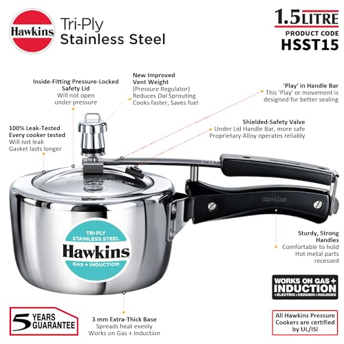 HAWKINS Triply Stainless Steel Pressure Cooker, Inner Lid Induction Cooker, (HSST15) 1.5 litres Silver