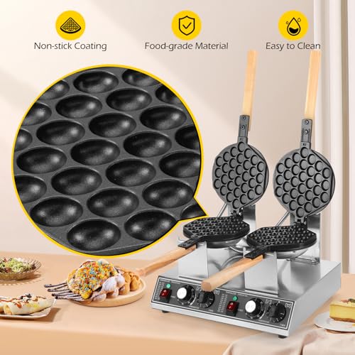 Dyna-Living Bubble Waffle Maker Commercial Double-head Egg Puff Waffle Maker, 1400W & 1400W Non-stick Hong Kong Bubble Waffle Machine, 180° Rotating, Non-stick Coating, Dual Temperature Control