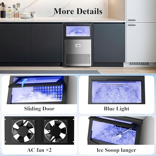 Commercial Ice Maker,110 lbs/24H,50 Cubes in 14 Mins,Stainless Steel Ice Machine with 33 Lbs Storage Capacity,Water Filter,Self-Cleaning,Under Counter/Freestanding Ice Maker for Restaurant,Cafe,Home