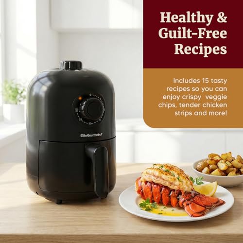 Elite Gourmet EAF-1121X Personal 1.1 Qt. Compact Space Saving Electric Hot Air Fryer Oil-Less Healthy Cooker, Timer & Temperature Controls, 1000W Black