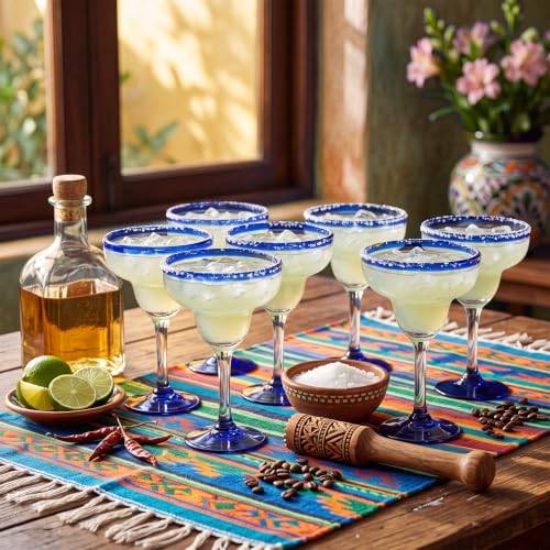 Vesici 6 Pcs Mexican Hand Blown Glass 16oz Large Cobalt Blue Rim Hand Blown Margarita Glasses Stemmed Cocktail Glasses, Authentic Artisan Crafted for Frozen Margaritas, Daiquiris & Parties