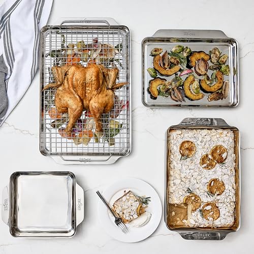 All-Clad Stainless Steel Baking Pans 5-Piece Set-Tri-ply Bonded for Consistent Baking- Includes Square and Rectangular Baking Pans, Baking Sheets, & Cooling Rack- Professional Stainless Steel Bakeware