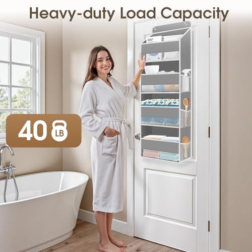 SpaceHacks 1 Pack Over The Door Organizer, Hanging Storage Organizer with Clear Window, 40lb Ultra Sturdy Large Capacity Room Organizer for Pantry Laundry Bathroom Nursery Closet Baby Essential (Grey)