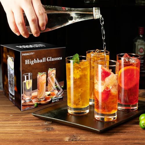 PARACITY Highball Glasses Set of 4, Drinking Glasses 10 Oz, Clear Glass Cups, Tall Tumbler Water Glasses, Glassware Set for Cocktail, Coffee, Mojitos