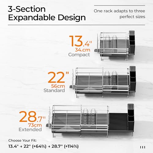 Delamu Stainless Steel Dish Drying Rack, Expandable Dish Drainer, Anti-Rust Large Dish Racks for Kitchen Counter, Dish Strainers with Drainboard, Utensil & Cup Holder, 13.4"-28.7" L x 11.8" W, Silver