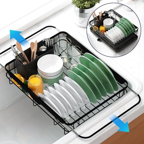 Kitsure Dish Drying Rack for Kitchen Counter, 12.2''W x 15.7''~23''L, Black