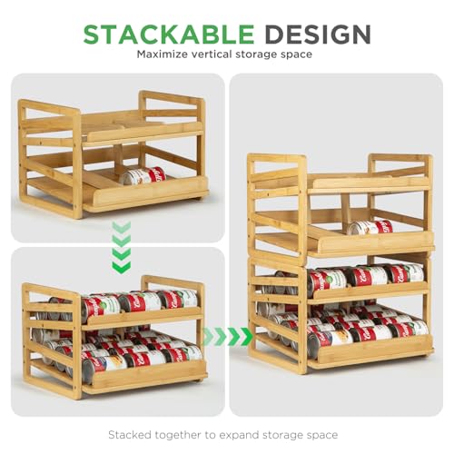 Aclema Bamboo Rolling Can Organizer for Pantry, Stackable 2 Tier Canned Food Organizer Rack for Storage, Kitchen Cabinet, Can Holders Dispensers for Pantry Up To 27 Cans