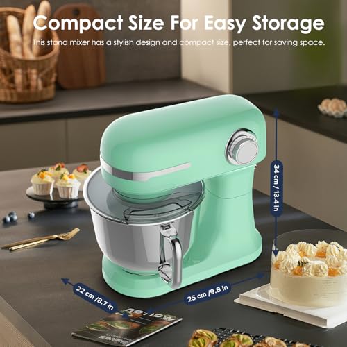 Plum chef 5.5QT Electric Stand Mixer, 12-Speed Tilt-Head Food Mixer, Dough Mixer with Dishwasher Safe Stainless Steel Bowls, Dough Hook, Flat Beater, Whisk, Perfect for 4-6 Family,Green