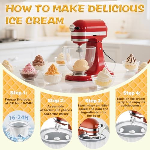 FOKIEE Ice Cream Maker Attachment for KitchenAid 4.5/5QT & 6QT Mixers, Frozen Ice Cream & Sorbet Gelato Maker for KitchenAid, 2 Quart, White, Not Dishwasher Safe