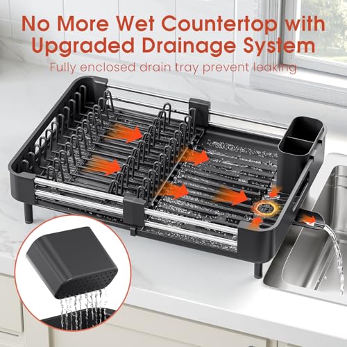 TOOLF Dish Drying Rack Expandable Drainer w/Cutlery & Cup Holder, Black
