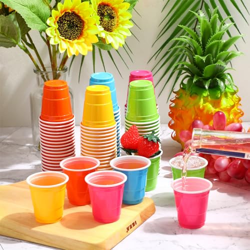 Roshtia 100 Pack 2 oz Plastic Shot Cups, Mini Disposable Shot Glasses 2 oz Wedding Party Cups for Bridal Shower Wedding Party, Beer Taste Serving, Snacks(Multi Colors)