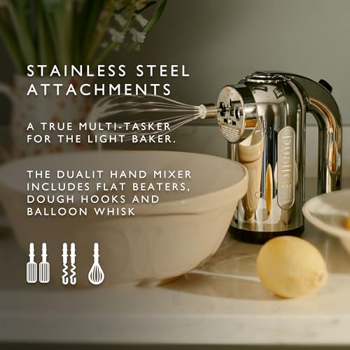 Dualit Hand Mixer - 300W- Strong Grip Handle - Attachments Included - Integral Plug Storage - 4 Speed Settings - Repairable gears - Flat Beaters, Dough Hooks, Balloon Whisk