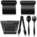 CXPSINC Disposable Plastic Serving Utensils Set 18-Piece, Including 6 Black Plastic Serving Spoons, 6 Tongs & 6 Forks, Disposable Serving Utensils For Catering Buffets Events (Black, 18pcs Utensils)