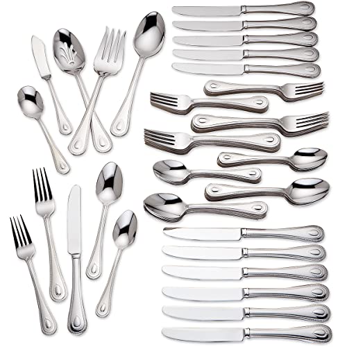 Lenox Silverware Set For 12, French Perle 65-Piece Flatware Set with Serving Utensils, Service For 12, Elegant 18/10 Stainless Steel Utensils with Beading, Knives Spoons & Forks (Silver, 65 Piece)