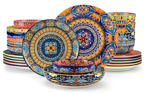 vancasso 24-Piece Dinnerware Sets,Plates & Bowls Sets Service for 6, Bohemian Porcelain Dishes Set for 6, Kitchen Dinner Set,Microwave & Dishwasher Safe, Scratch Resistant,Series KRVI