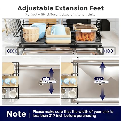 Simple Trending Dish Rack - Expandable Dish Drying Rack for Kitchen Counter, Large Capacity Dish Drainers, Stainless Steel Dish Strainer with Utensil & Cup Holders, Black