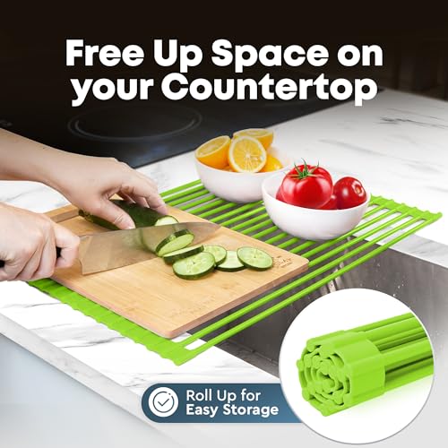 Zulay Kitchen Large Roll Up Dish Drying Rack - Heavy Duty Silicone Wrapped Steel Rods Over Sink Dish Drying Rack - Versatile Roll Up Sink Drying Rack & Trivet - Green,20.5 inches x 13 inches