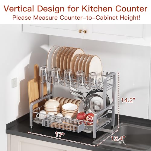 BOOSINY 2 Tier Dish Drainer Drying Rack for Kitchen Counter, Large Stainless Steel Dish Dryer with Drainboard, Big Rustproof Metal Space Saving Countertop Plate Strainer with Utensil Holder, Sliver