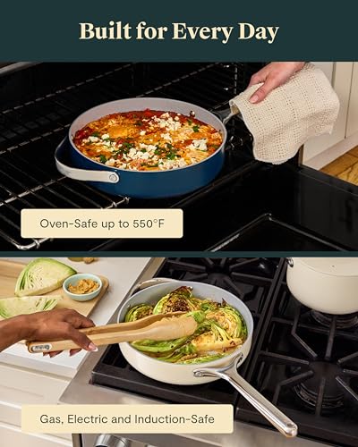 Caraway Nonstick Ceramic Sauté Pan with Lid (4.5 qt, 12") - Non Toxic, PTFE & PFOA Free - Oven Safe & Compatible with All Stovetops (Gas, Electric & Induction) - Cream