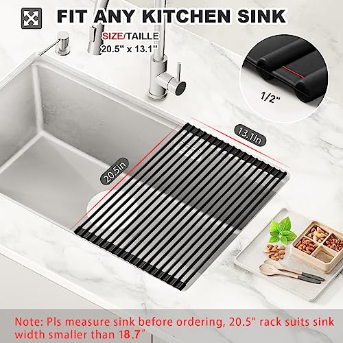 MERRYBOX 20.5" x 13" Roll Up Dish Drying Rack Silicone Wrapped Over The Sink Dish Drying Rack Multipurpose Foldable Sink Drying Mat, Heat-Resistant & Anti-Rust Dish Rack for Kitchen Sink, Large, Black