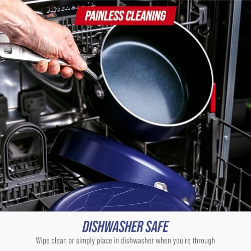 Blue Diamond Nonstick 2QT Saucepan with Lid, Non Toxic PFAS-Free Diamond Ceramic, Dishwasher & Oven Safe, Metal Utensil Safe Pot, Stay Cool Handle, Chef Pan, Glass Lid, Blue