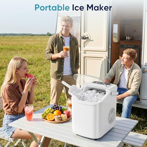 DUMOS Ice Maker Countertop, Ice Machine with Portable Handle, Basket and Scoop, 26lbs Daily, 9 Bullet Cubes in 6-8 Mins, Auto-Cleaning for Home, Kitchen, Office, Outdoors, RV Camping