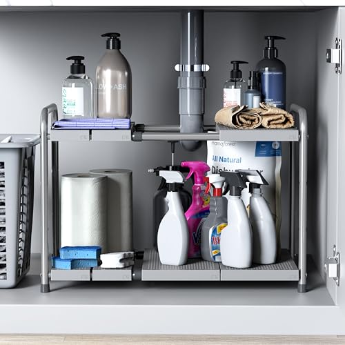Simple Houseware Under Sink 2-Tier Heavy Duty Expandable Rack Organizer, Adjustable Width 15.75–25 Inches with 4 Shelf Height Levels, Silver