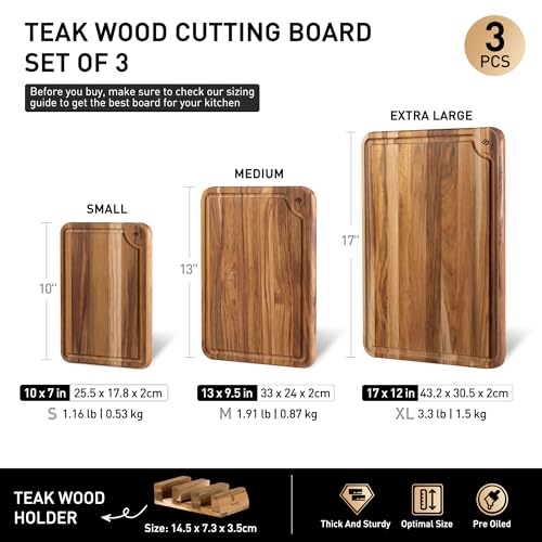 3 Pack Teak Wood Cutting Board Set for Kitchen Charcuterie Board Serving Heavy Duty Non Toxic Slip Over Sink Solid Thick Haus Wooden Chopping Board Large Big Small Meat Best Kitchen Mother Gift
