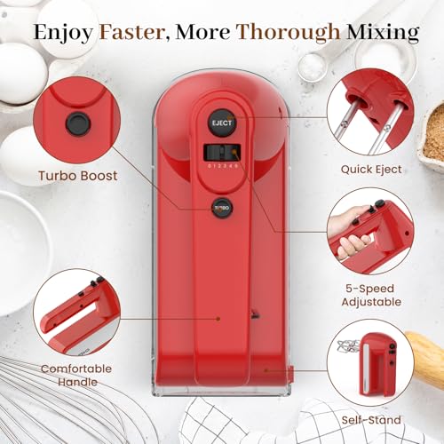 5-Speed Electric Hand Mixer, 800W Handheld Mixer with Turbo for Baking & Cooking, Kitchen Food Mixer with Storage Case & 6 Stainless Steel Attachments (2 Beaters, 2 Dough Hooks, 2 Whisks)-Red