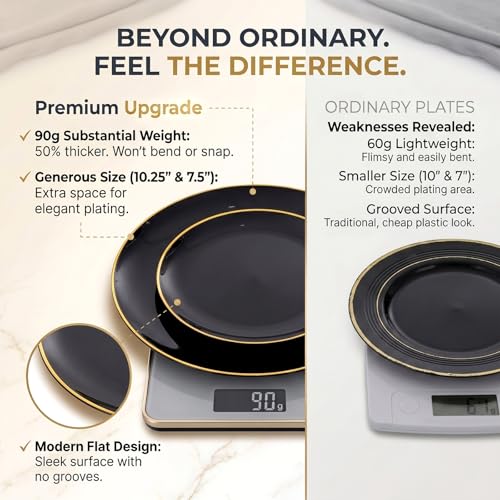 KIRE 100PCS Black and Gold Plates - Black Plastic Plates Disposable with Gold Rim Include 50Pcs 10.25inch Dinner Plate and 50Pcs 7.5inch Dessert/Salad Plate for Party/Wedding/Graduation/Father's Day
