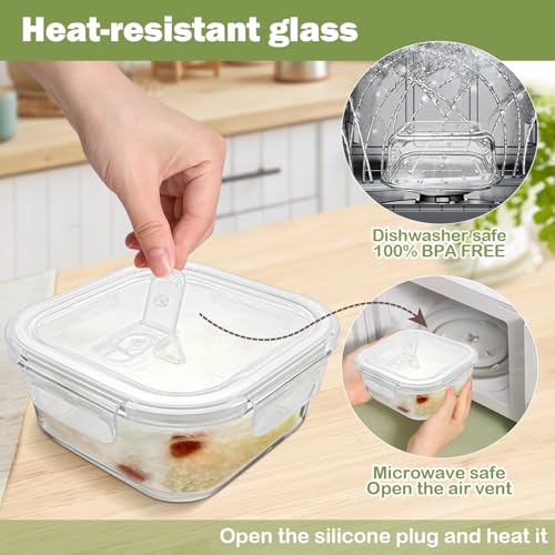 Susukkie Square Glass Containers with Lids 3 Cup/24 oz, 4 Pack