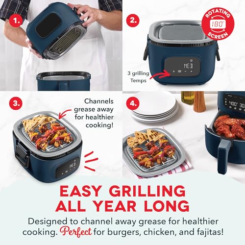 Dash Flip & Fry™ Digital 2-in-1 Grill & Air Fryer - Has AirCrisp® Technology - Digital Touchscreen, Ceramic Nonstick Grill Plate & Special Dehydrate Function - 3 Quarts - Navy