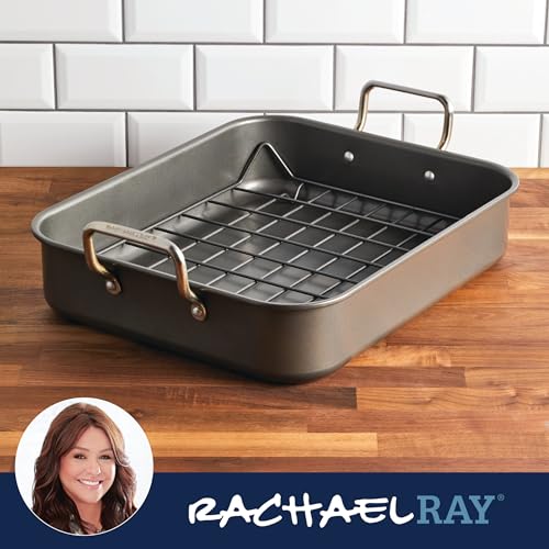Rachael Ray Roasting Pan with Reversible Rack, Turkey Roasting Pan, Nonstick, 16.5-Inch x 13.5-Inch