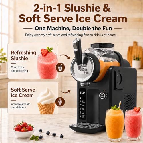 SYINTAO Slushie Machine No Ice Needed, 2-in-1 Frozen Drink & Soft Serve Ice Cream Maker, Self-Chilling Slushy Maker with 5 Presets, LED Display & Auto Clean for Home & Party (Black)