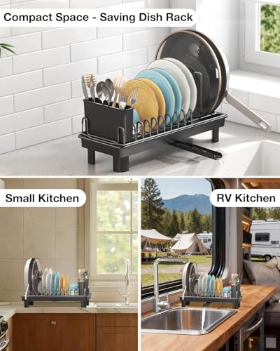 Nfnoyp Small Dish Drying Rack Carbon Steel Dish Rack Rustproof for Kitchen Counter Compact Dish Drainer with Adjustable Slots for Small Kitchens & Apartments 16.5×6.5×7inch Black