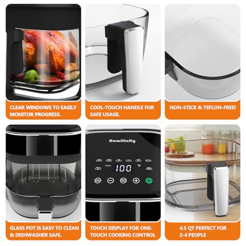 Glass Air Fryer 4.5 Qt, Non-Toxic Borosilicate Glass Basket with 360° View, Upgraded Food-Grade Stainless Steel Tray, 8-in-1 One-Touch Presets, Teflon-Free & Dishwasher Safe, Black