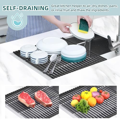 Ohuhu Over The Sink Dish Drainer Drying Rack, 17.6" W x 15.4" L Roll Up Dish Racks Kitchen Sink Organizer Silicone Wrapped Large in Sink Dish Drying Rack Foldable Rolling Drain Mats Anti-Slip