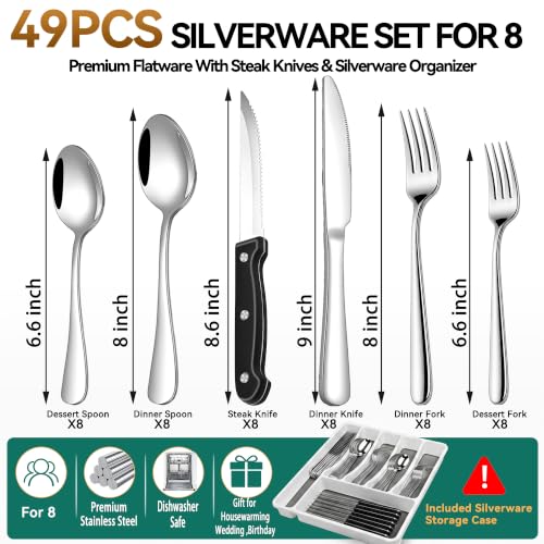49-Piece Silverware Set with Organizer, Stainless Steel Flatware Utensils Set for 8, Forks and Spoons Silverware Set Cutlery Set with Steak Knives, Dishwasher Safe