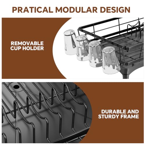 Simple Trending Dish Drying Rack for Kitchen Counter, Stainless Steel Dish Rack, Large Dish Drainer Organizer with Cutlery Holder & Cup Holders, Black