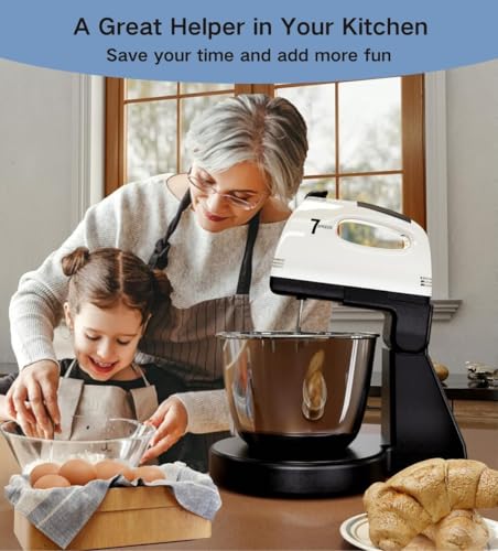 Stand Mixers, 7 Speeds With 3QT Stainless Steel Bowl, Stand and Hand Mixer with Dough Hook, Whisk, Mixing Beater for Baking, Cake, Cookie, Kneading (BU1)