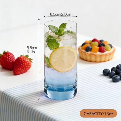 GLAZVIA Blue Highball Glasses Set of 6,13oz Drinking Glass Cups for Mixed Drink Cocktail, Beer, Mojito, Water and Juice,Thick Tall Crystal Glassware for Kitchen, Restaurant, Home Bar and Parties